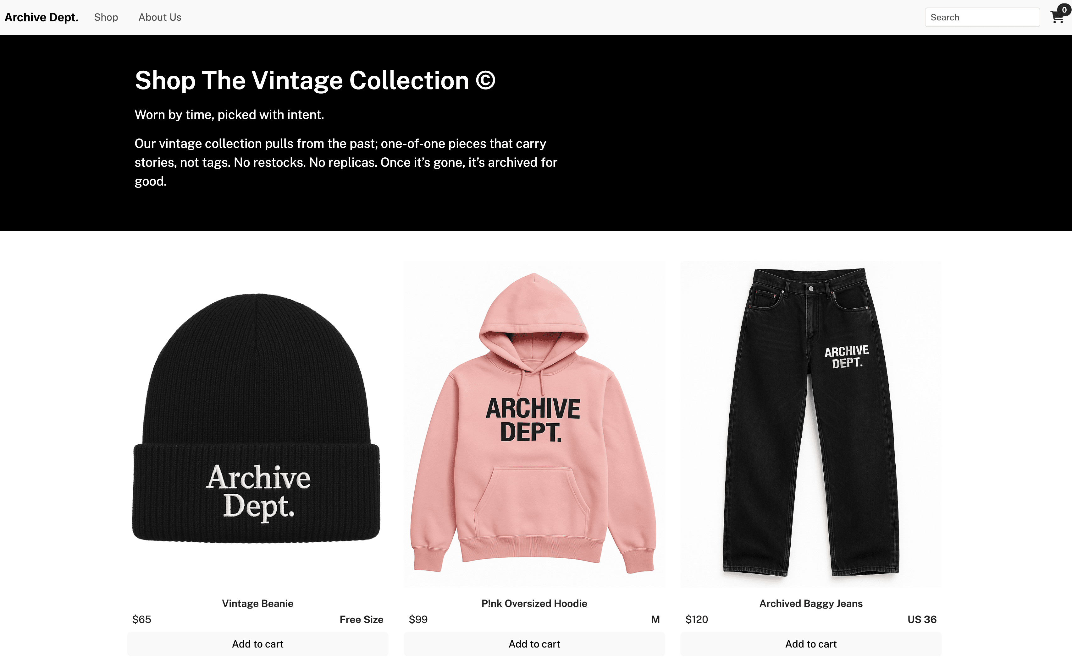 Archive Dept. vintage collection page listing a beanie, hoodie and jeans with prices and sizes