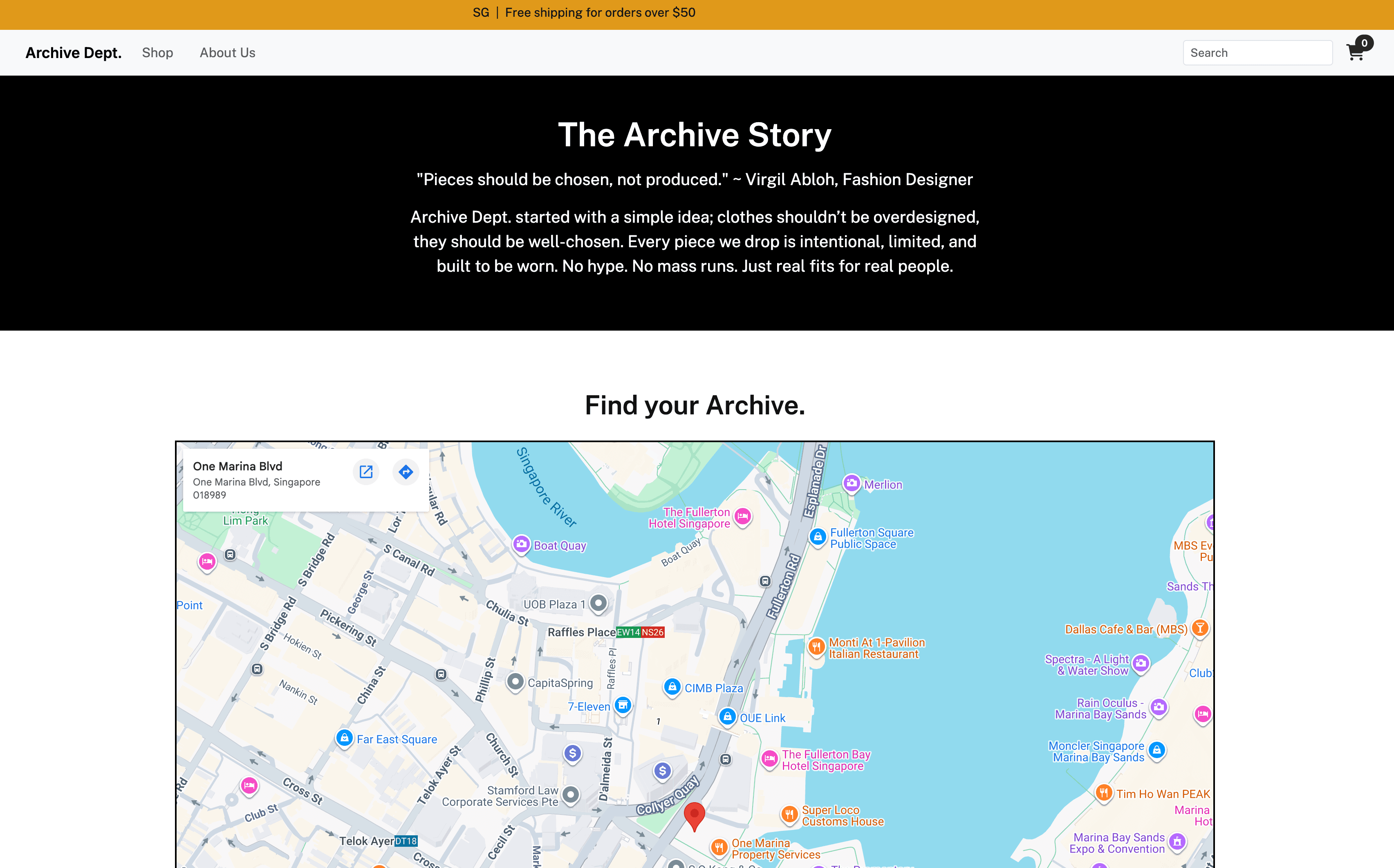 Archive Dept. About Us page titled The Archive Story with a map of the Singapore store location