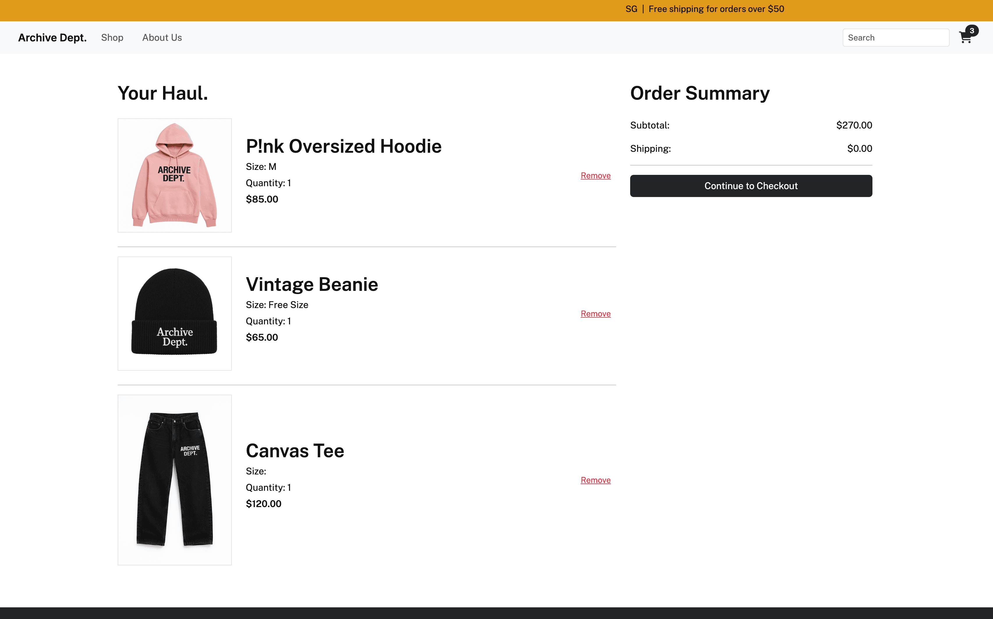Archive Dept. cart page headed Your Haul, listing three items with an order summary and subtotal