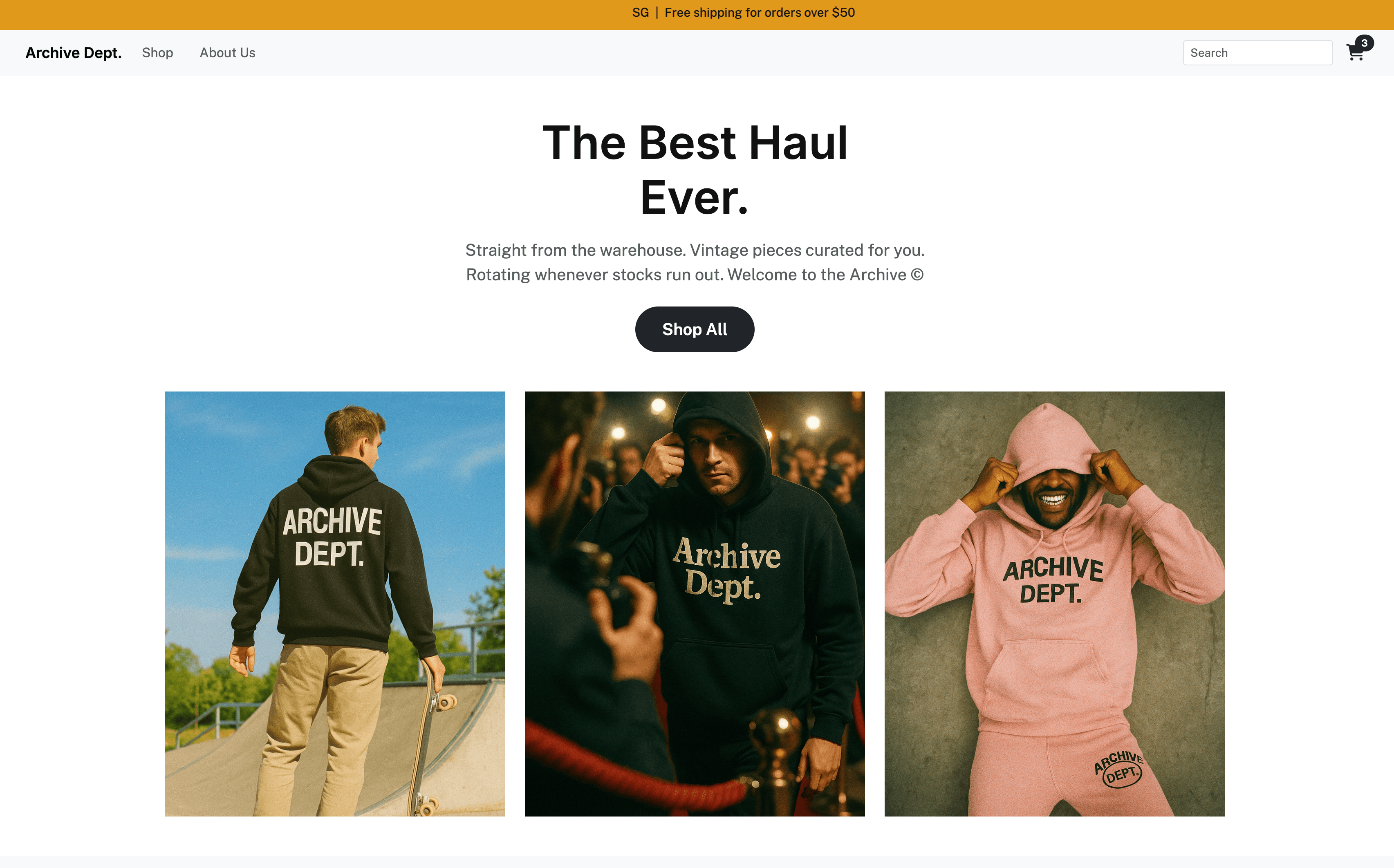 Archive Dept. landing page with the headline The Best Haul Ever and three lifestyle photographs