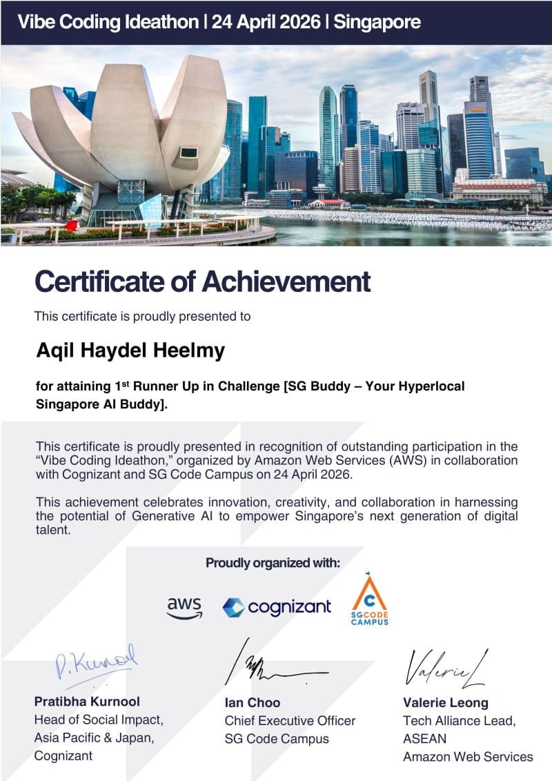 Certificate of Achievement for 1st Runner Up at the AWS Vibe Coding Ideathon, April 2026