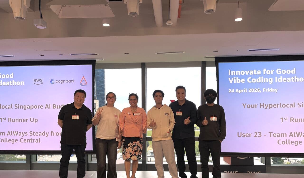 Team AlWays receiving the 1st Runner Up award on stage at the AWS Vibe Coding Ideathon