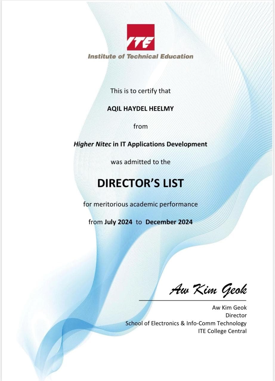 ITE Director's List certificate for Aqil Haydel Heelmy, July 2024 to December 2024