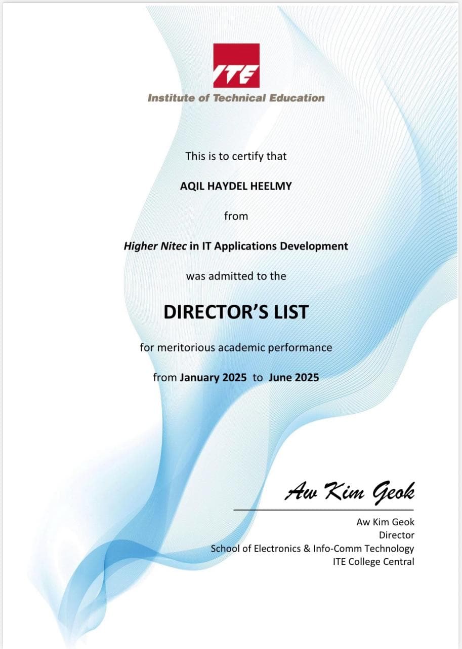ITE Director's List certificate for Aqil Haydel Heelmy, January 2025 to June 2025