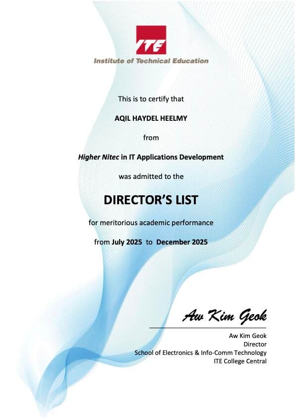 ITE Director's List certificate for Aqil Haydel Heelmy, July 2025 to December 2025